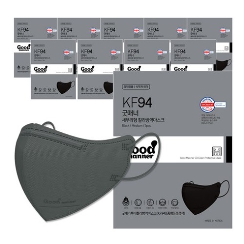 Good Manner 2D Color Protective Mask KF94 Medium Black 5pcs*10ea