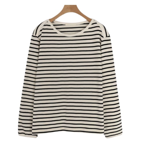 [W] pureda Memory Stripe T-shirt [#Ivory-Black]