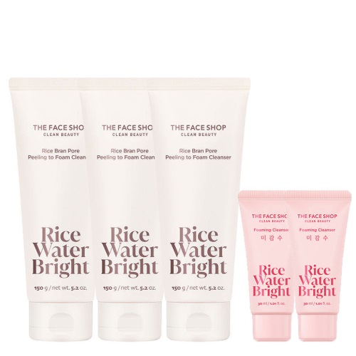THE FACE SHOP Rice Water Bright Rice Bran Pore Peeling to Foam Cleanser 150ml*3ea (+foam30mlx2ea)